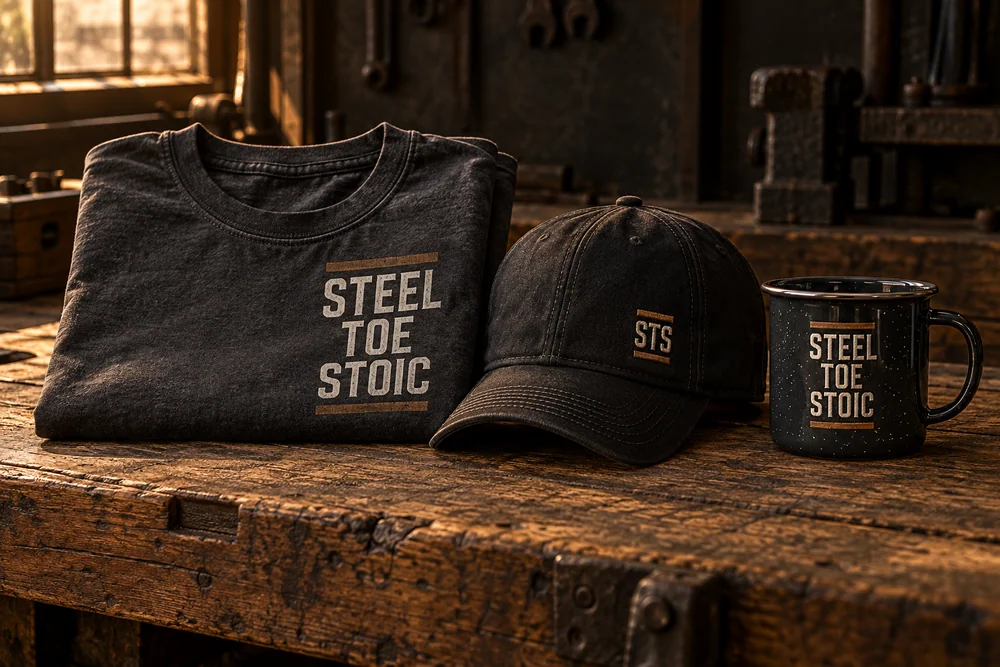 Steel Toe Stoic first-drop concept: charcoal tee, cap and camp mug